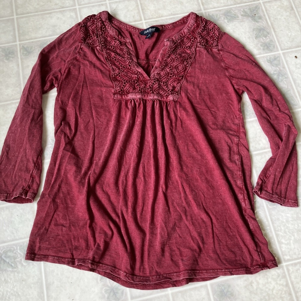 LUCKY BRAND Sz medium Brick Red Peasant Top Crochet Accents Boho Cowboy Loose
